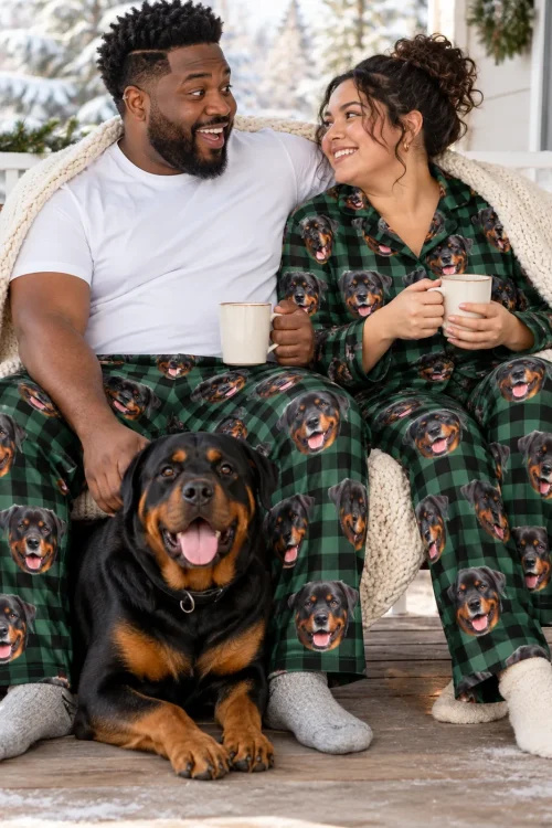 Couple with mugs on a snowy porch swing, their Rottweiler at their feet, him in green plaid Rottweiler face pants