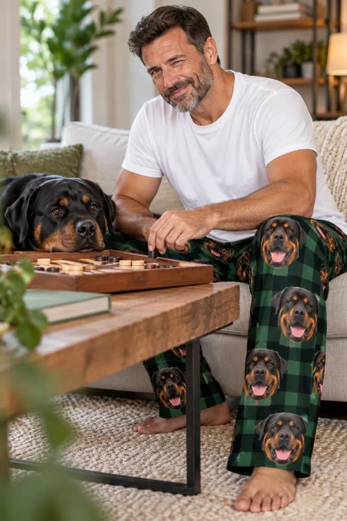 Man playing checkers on the couch beside his resting Rottweiler, in green plaid pajama pants with Rottweiler faces