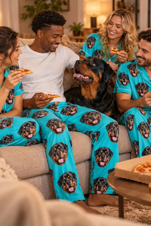 Friends sharing pizza on a sofa with a Rottweiler; the man in front wears teal pajama pants with Rottweiler faces