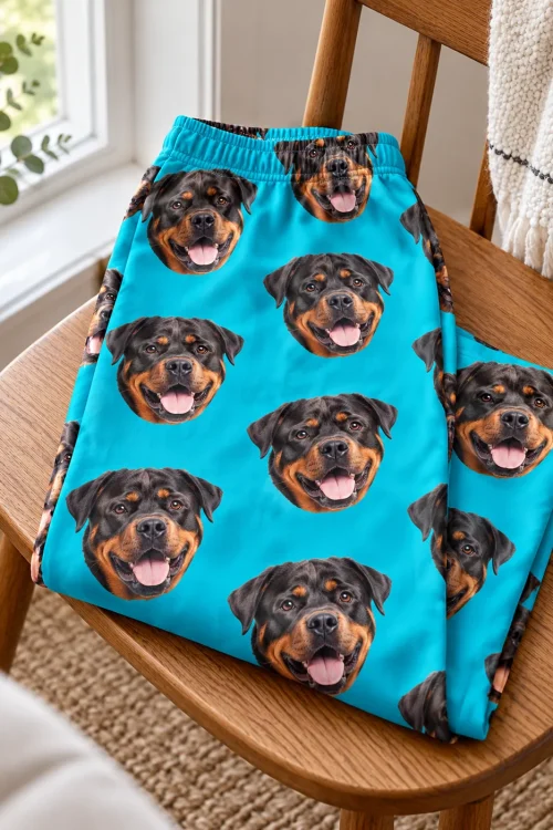 Folded teal pajama pants printed with Rottweiler faces resting on a wooden chair by a bright window