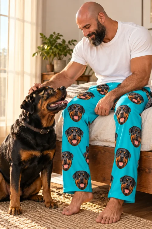 Bald man on the edge of his bed petting his Rottweiler, wearing teal pajama pants printed with Rottweiler faces