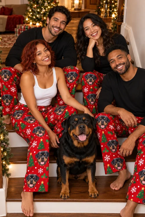 Four friends on Christmas stairs with their Rottweiler, all in red Rottweiler pajama pants with trees