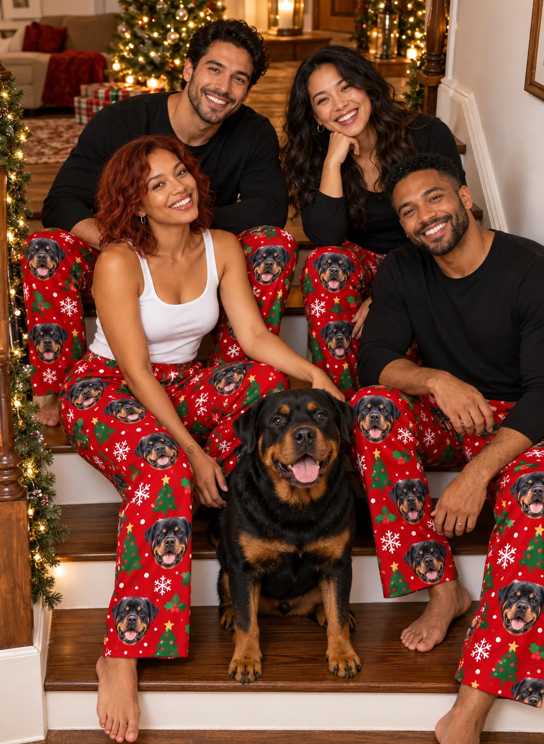 Custom Rottweiler Pajama Pants for Women — christmas family | GenzOutfit Four friends on Christmas stairs with their Rottweiler, all in red Rottweiler pajama pants with trees