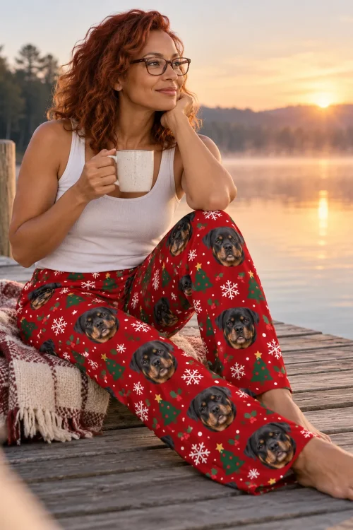 Woman with a mug on a lakeside dock at sunrise in red Christmas pajama pants printed with Rottweiler faces