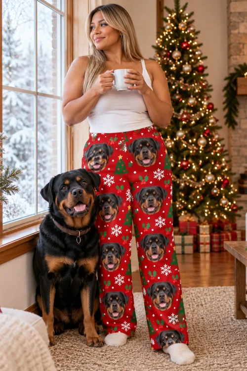 Woman with a mug by a snowy window in red Christmas Rottweiler pajama pants, her Rottweiler sitting beside her