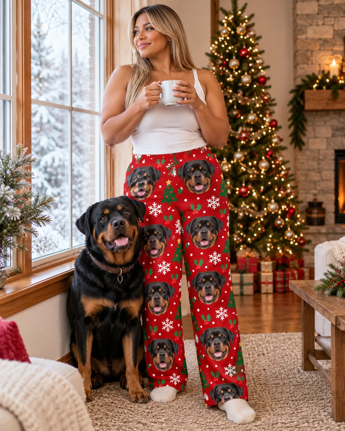 Custom Rottweiler Pajama Pants for Women — christmas with pet | GenzOutfit Woman with a mug by a snowy window in red Christmas Rottweiler pajama pants, her Rottweiler sitting beside her