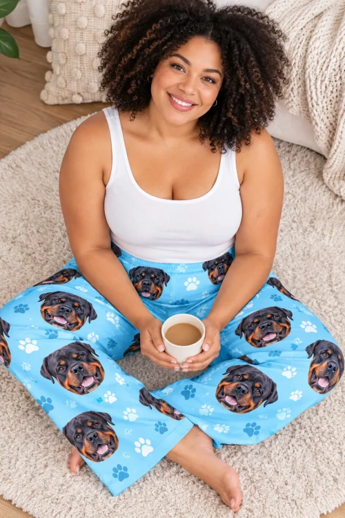 Overhead view of a woman sitting cross-legged on a cream rug with coffee in light blue Rottweiler pajama pants