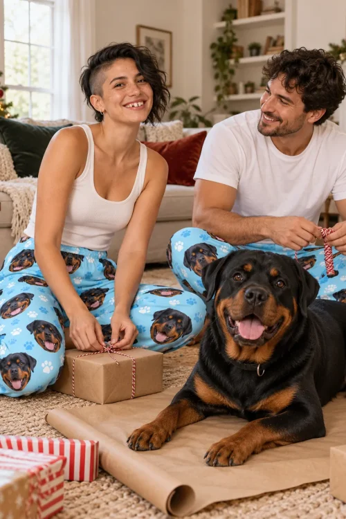 Couple wrapping gifts on a living room rug in light blue Rottweiler pajama pants, their Rottweiler lying in front