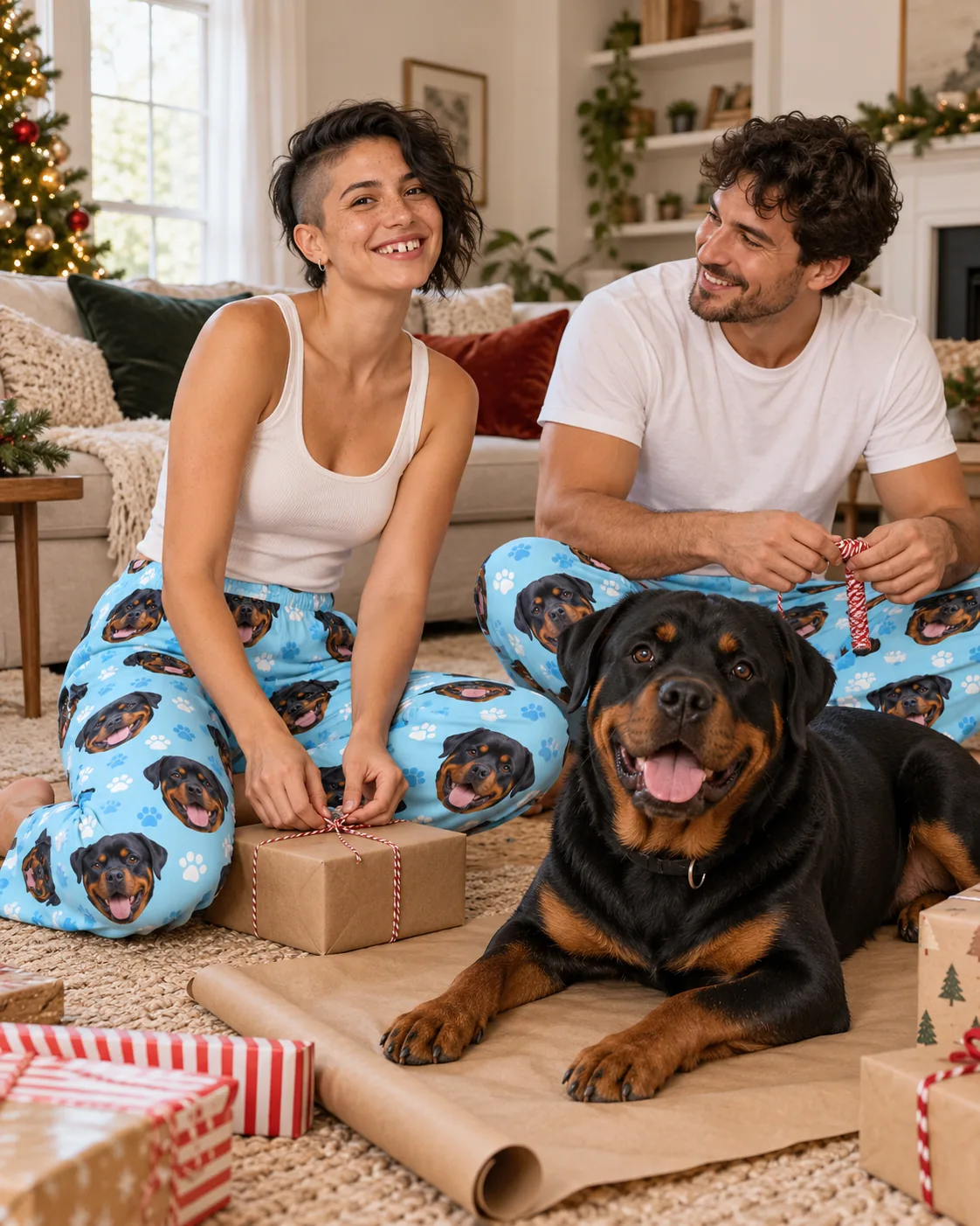 Couple wrapping gifts on a living room rug in light blue Rottweiler pajama pants, their Rottweiler lying in front