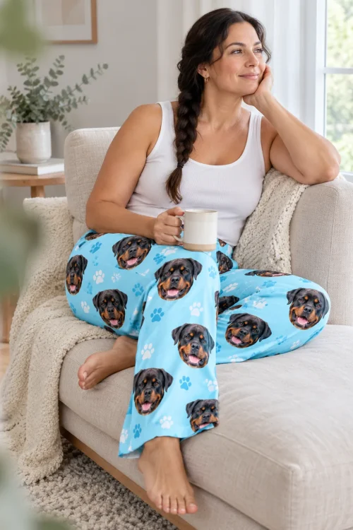 Woman with a mug relaxing on a cream chaise in light blue paw print pajama pants covered in Rottweiler faces