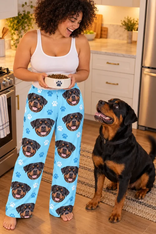 Woman holding a food bowl in a bright kitchen in light blue Rottweiler pajama pants as her Rottweiler looks up