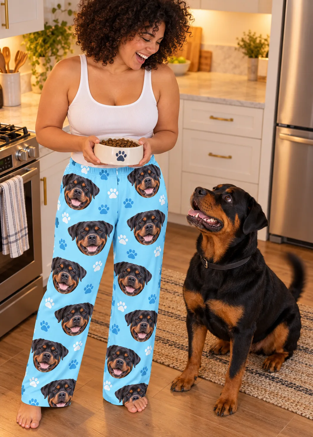 Custom Rottweiler Pajama Pants for Women — light blue paws with pet | GenzOutfit Woman holding a food bowl in a bright kitchen in light blue Rottweiler pajama pants as her Rottweiler looks up