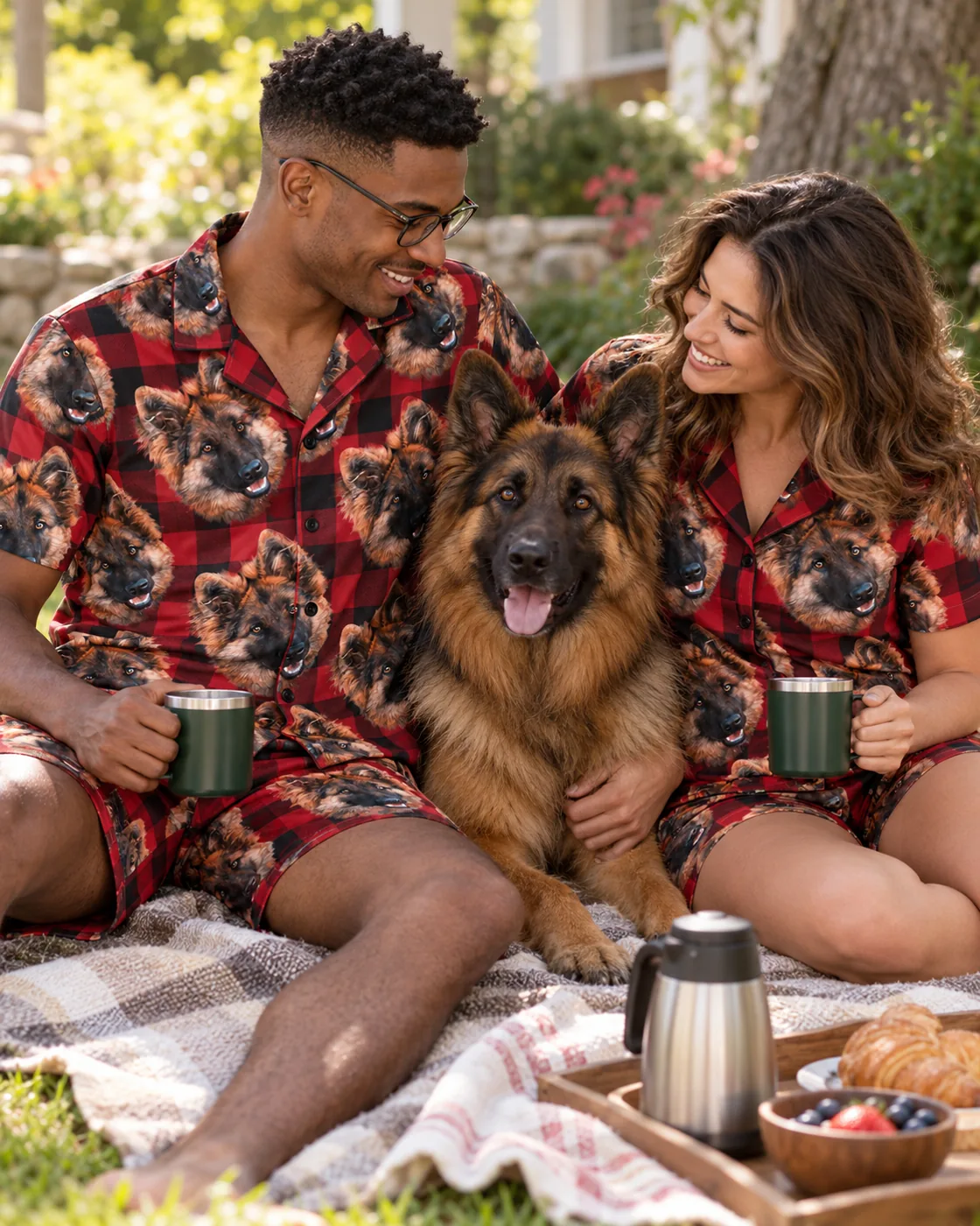 Couple in red plaid pajamas with mugs on a picnic blanket, their German shepherd between them