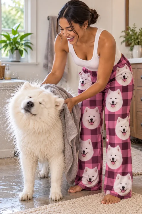 Laughing woman towel-drying her wet white samoyed in a bathroom, wearing pink plaid samoyed pajama pants