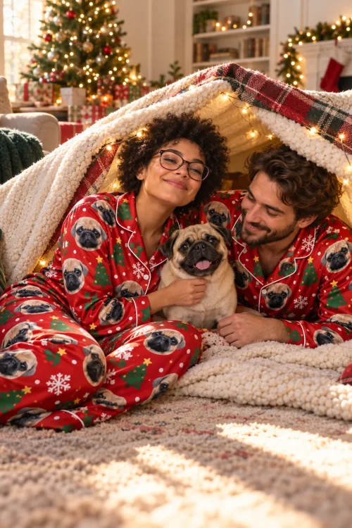 Couple in matching red satin christmas pajamas with their pug in a blanket fort by the tree
