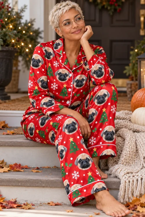 Woman in red satin Christmas pajamas with pug faces and trees, sitting on festive porch steps