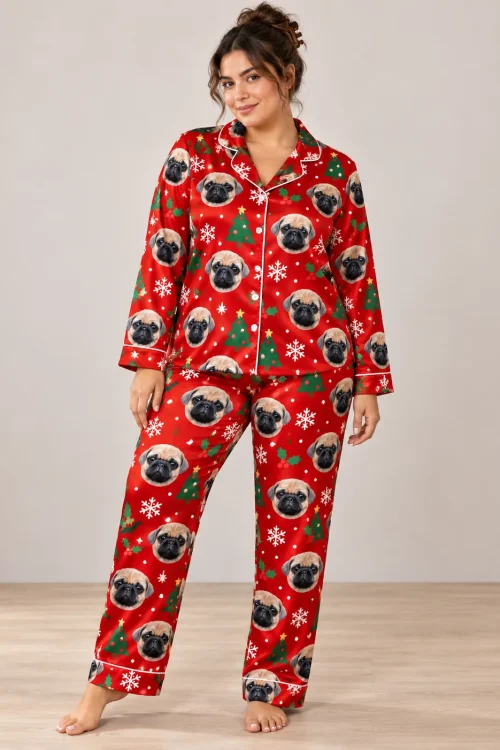 Smiling woman in red satin christmas pajamas with pug faces, trees and snowflakes, studio shot