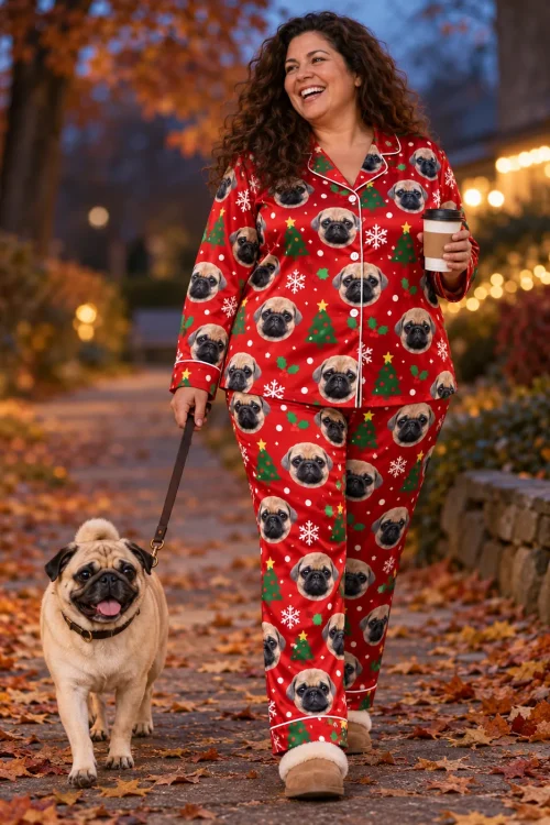 Woman walking her pug on a leafy path at dusk in red satin christmas pajamas, coffee in hand