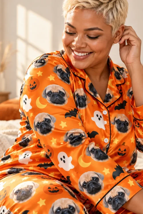 Close-up of orange satin halloween pajamas: pug faces, ghosts, bats, moons and jack-o'-lanterns