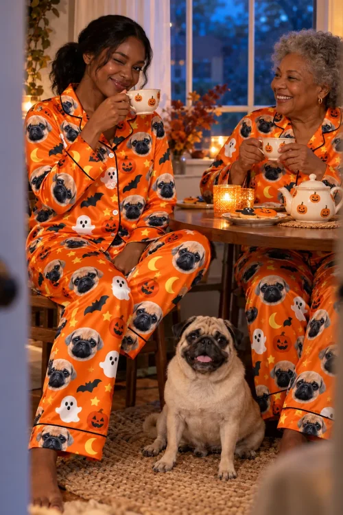 Two women sipping tea with their pug in orange satin halloween pajamas with pumpkins and ghosts