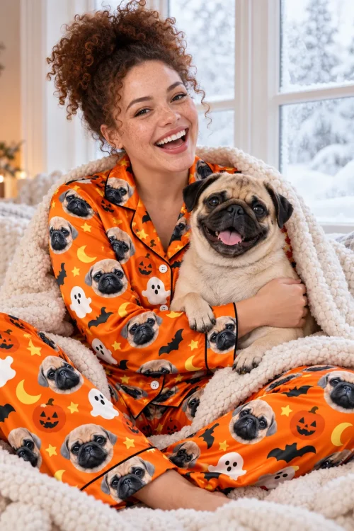 Laughing woman in orange satin Halloween pajamas with pug faces, hugging a fawn pug under a blanket