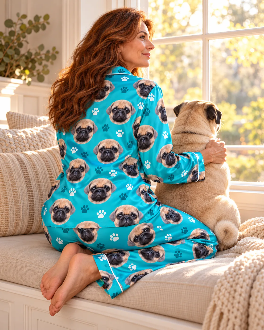 Satin pajamas for women: woman in a teal paw-print satin set with pug faces sitting with her pug