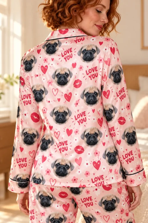 Back view of the satin valentine pajama shirt with Love You lettering, pug faces and kisses