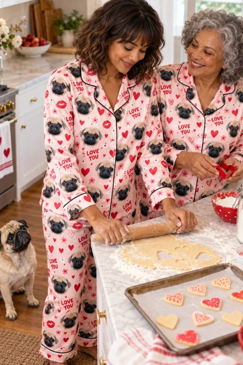 Two women baking heart cookies in matching satin valentine pajamas while their pug watches