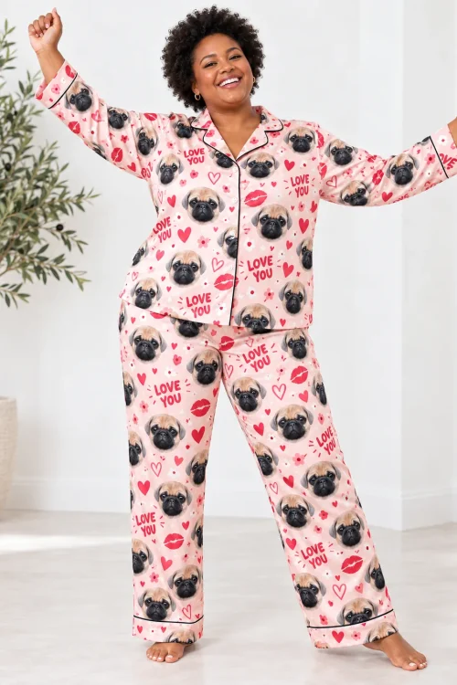 Joyful woman with arms raised in blush pink satin valentine pajamas with pug faces and hearts