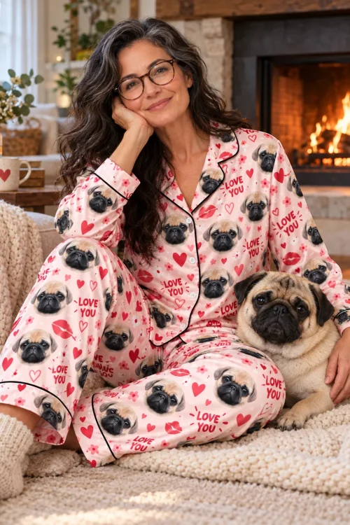 Woman by the fireplace with her pug, wearing blush pink satin valentine pajamas