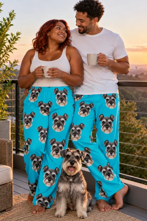 Couple with mugs on a hillside balcony at sunset, their schnauzer seated between them, both in teal schnauzer pajama pants