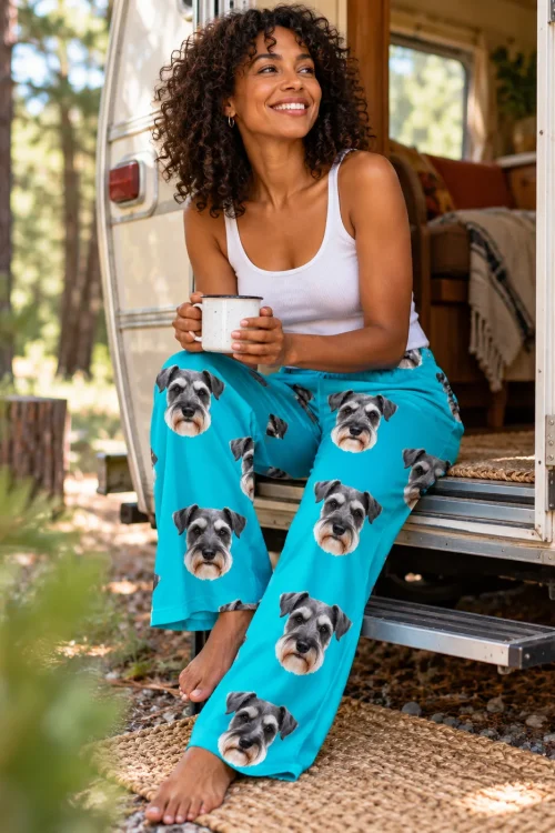Smiling woman with an enamel mug on the step of a vintage camper in the pines, in teal schnauzer pajama pants