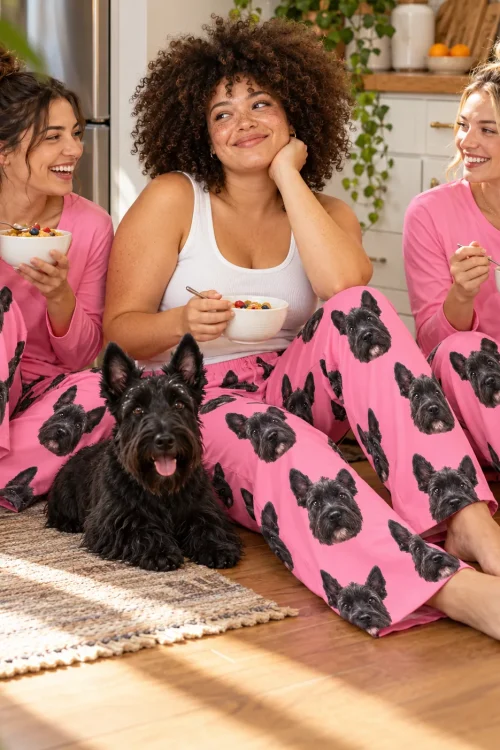 Three women eating cereal on a kitchen floor in pink Scottie dog pajama pants, a black Scottie between them