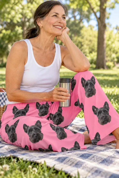 Smiling woman with a travel mug on a park picnic blanket, in pink Scottie dog pajama pants