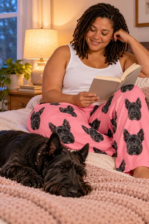 Woman reading in bed beside her sleeping black Scottie dog, wearing pink Scottie dog pajama pants