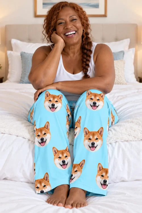 Laughing woman with a red braid sitting on a white bed in light blue shiba inu pajama pants