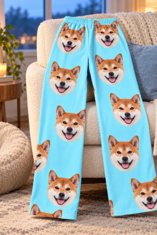Light blue shiba inu pajama pants draped over a cream armchair next to a fluffy pet bed and a candle