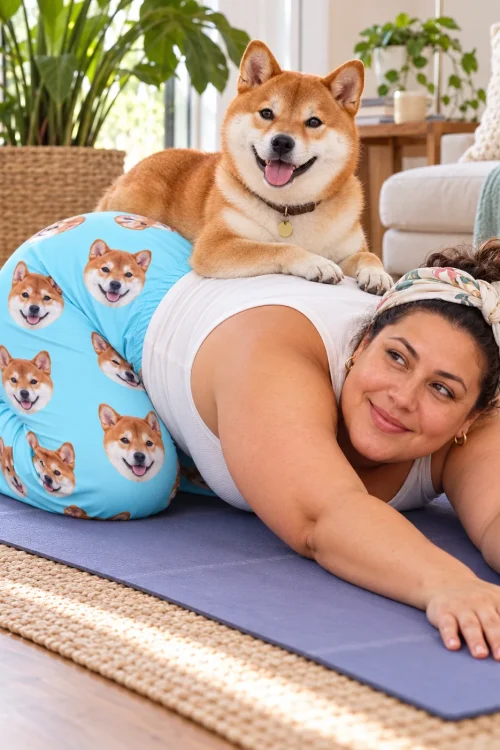Woman stretching on a yoga mat with her red shiba resting on her back, in light blue shiba inu pajama pants