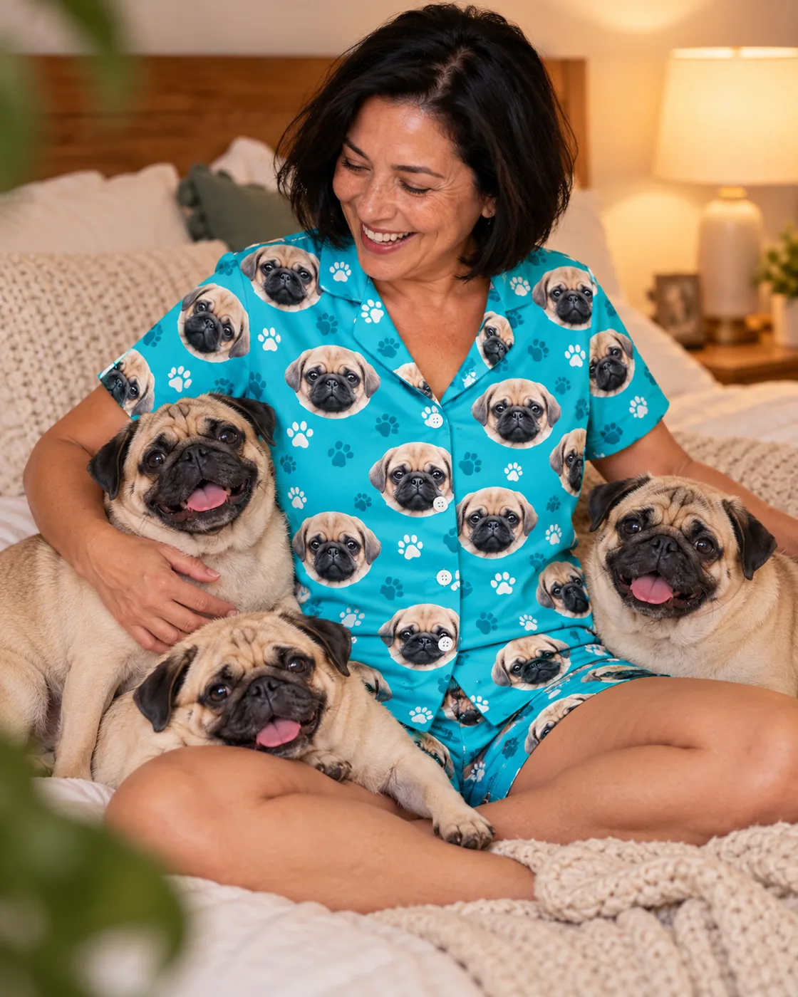 Short pajama set: woman in a teal paw-print short set with pug faces cuddling three pugs on a bed
