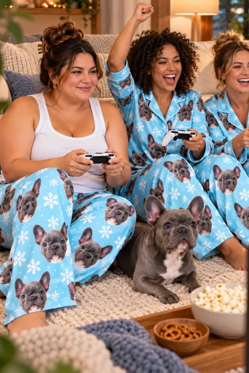 Three friends playing video games in snowflake pajama pants with French bulldog faces, dog beside them