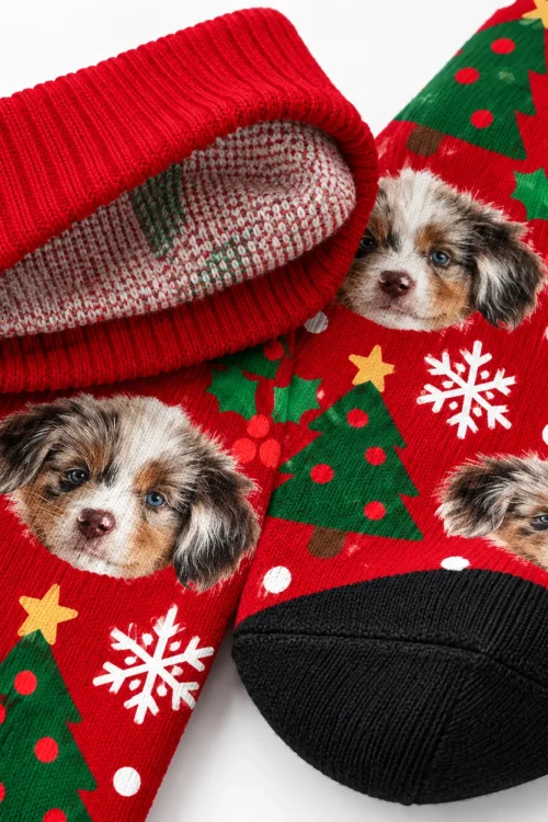 Close-up of the ribbed cuff and inside knit of socks with dog face print