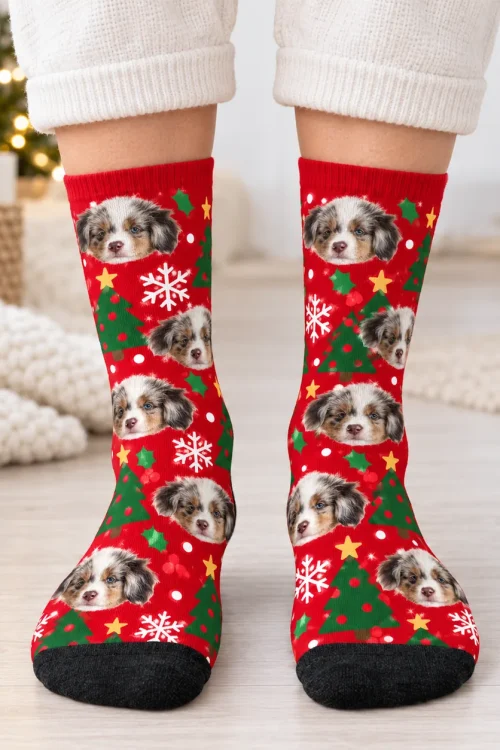 Front view of socks with dog face print worn with cream lounge pants