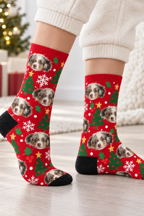 Side view of dog face socks on feet, showing the black heel and toe