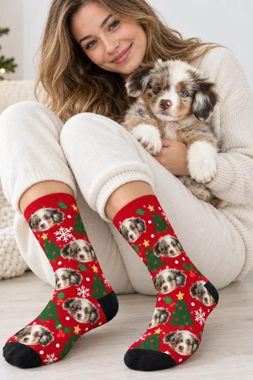 Woman holding her Australian shepherd puppy while wearing socks with its face