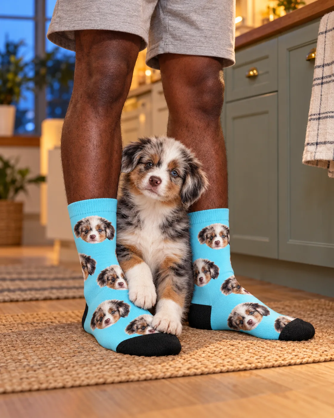 Puppy sitting between feet in light blue socks printed with its own face