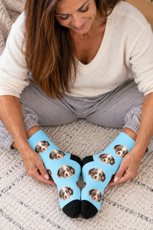 Woman sitting on a rug holding her feet in light blue socks with puppy faces