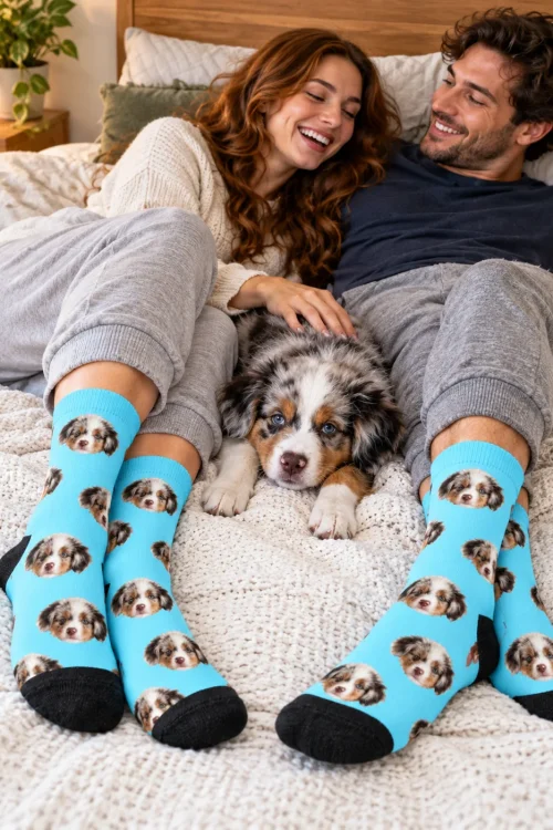 Couple laughing in bed in light blue face socks with their Aussie puppy between them