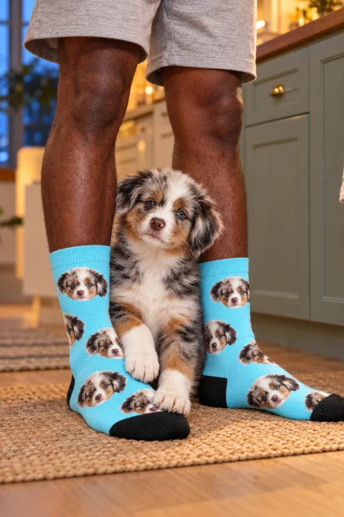 Aussie puppy sitting between feet in light blue socks printed with its face