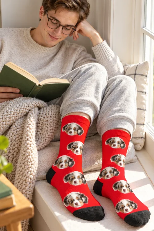 Young man reading in a window seat wearing red socks with his puppy's face