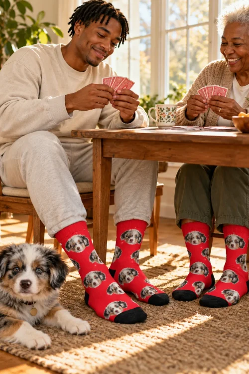 Young man and his grandmother playing cards in red face socks, a puppy on the rug